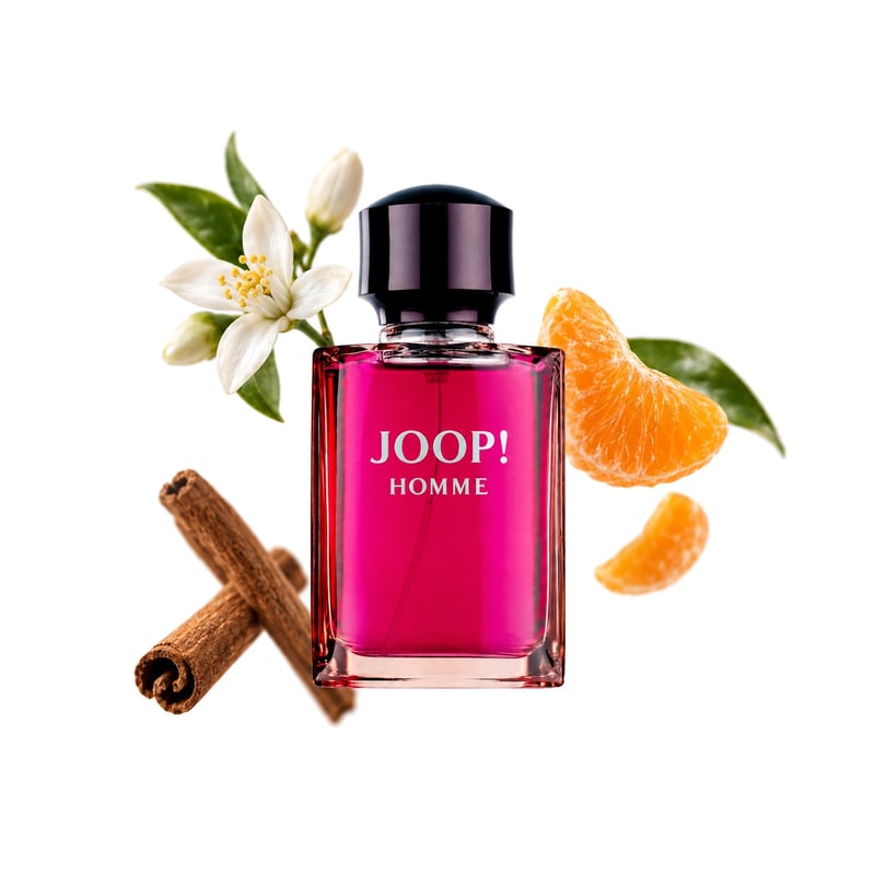 Joop! Homme by Joop!, bottle pictured with its key notes: Orange Blossom, Mandarin Orange and Cinnamon