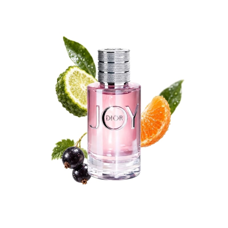 Joy by Dior by Dior, bottle pictured with its key notes: Bergamot, Mandarin Orange and Cassis
