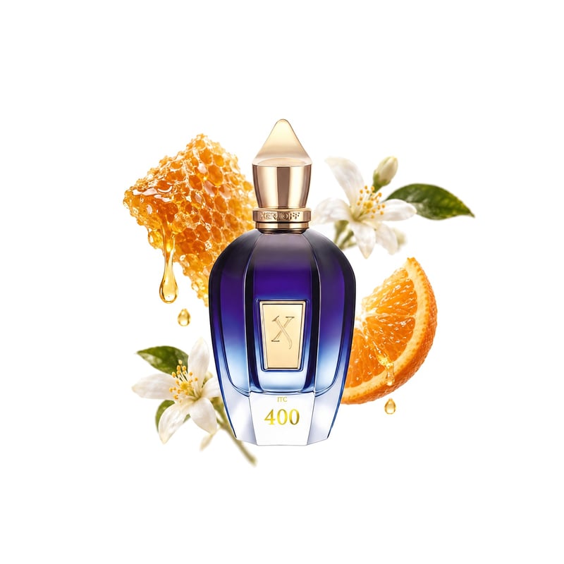 JTC 400 by Xerjoff, bottle pictured with its key notes: Honey, Bitter Orange and Orange Blossom