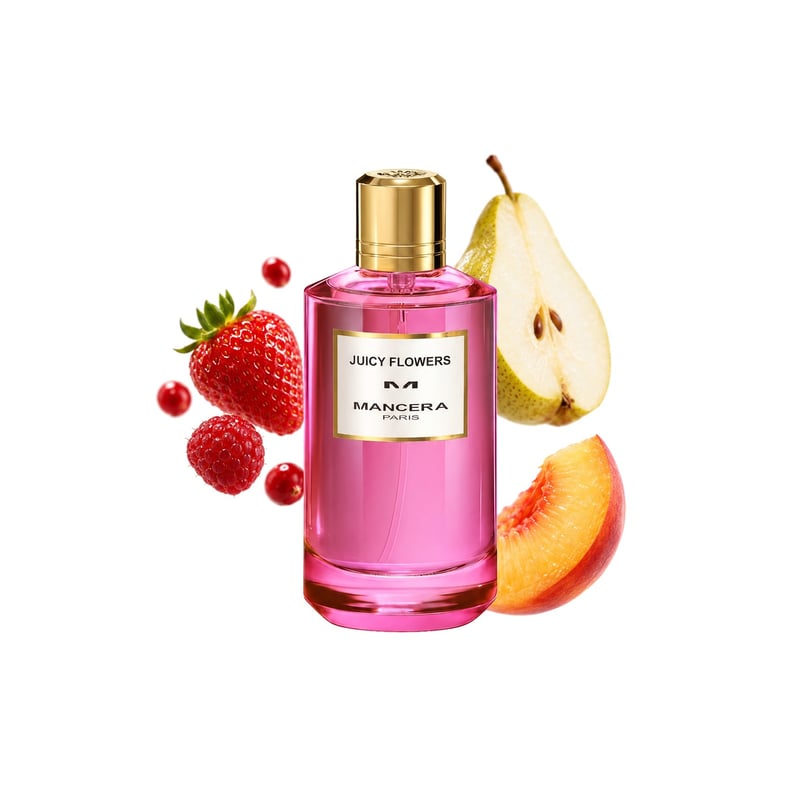Juicy Flowers by Mancera, bottle pictured with its key notes: Red Fruits, Pear and Peach