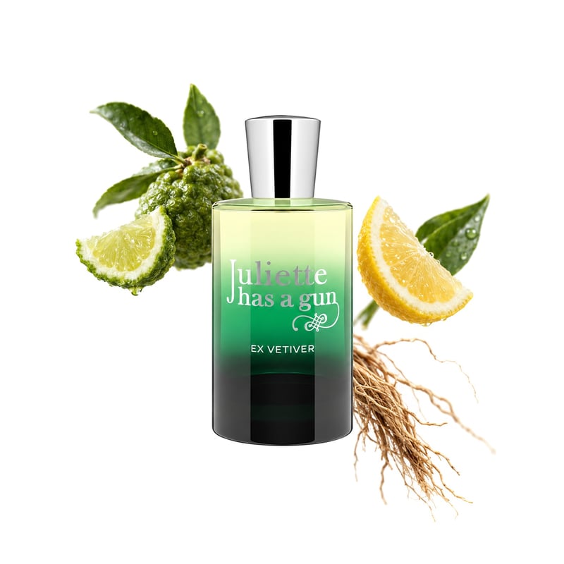 Ex Vetiver by Juliette Has a Gun, bottle pictured with its key notes: Bergamot, Lemon and Haitian Vetiver