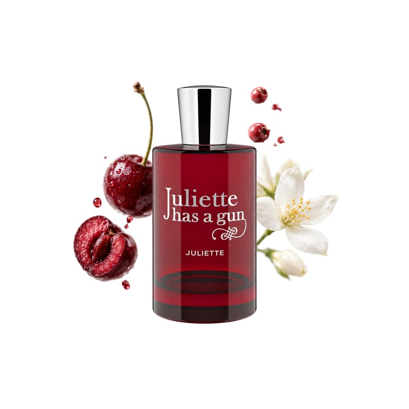 Juliette by Juliette Has a Gun, bottle pictured with its key notes: Sour Cherry, Pink Pepper and Jasmine
