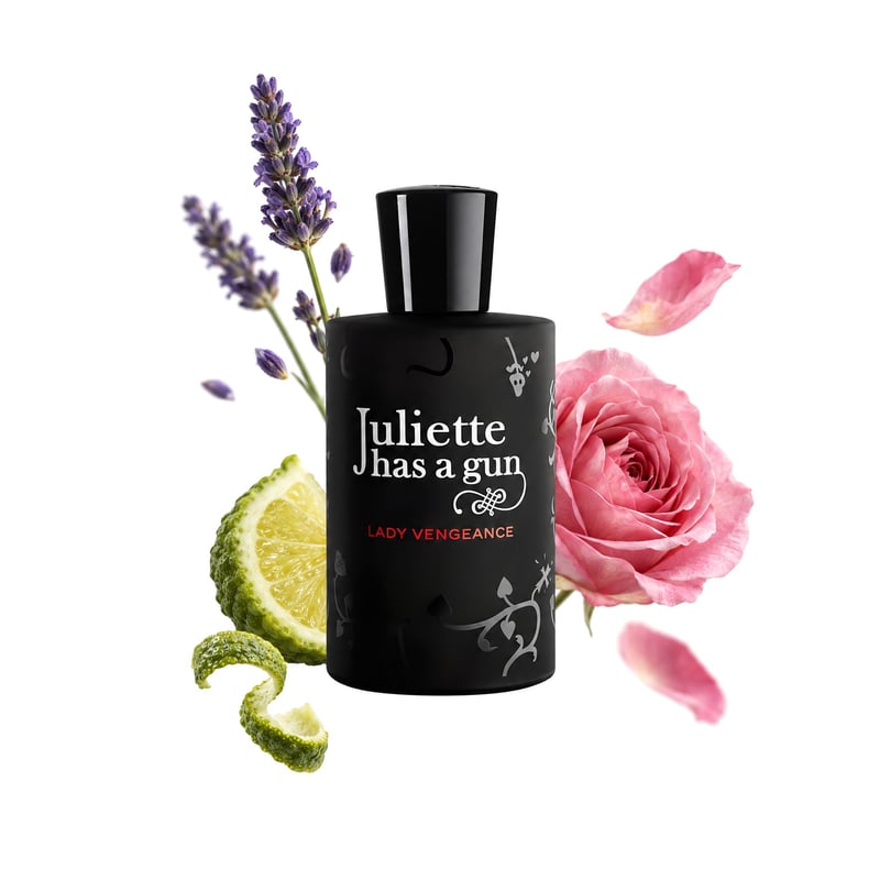 Lady Vengeance by Juliette Has a Gun, bottle pictured with its key notes: Lavender, Bergamot and Bulgarian Rose