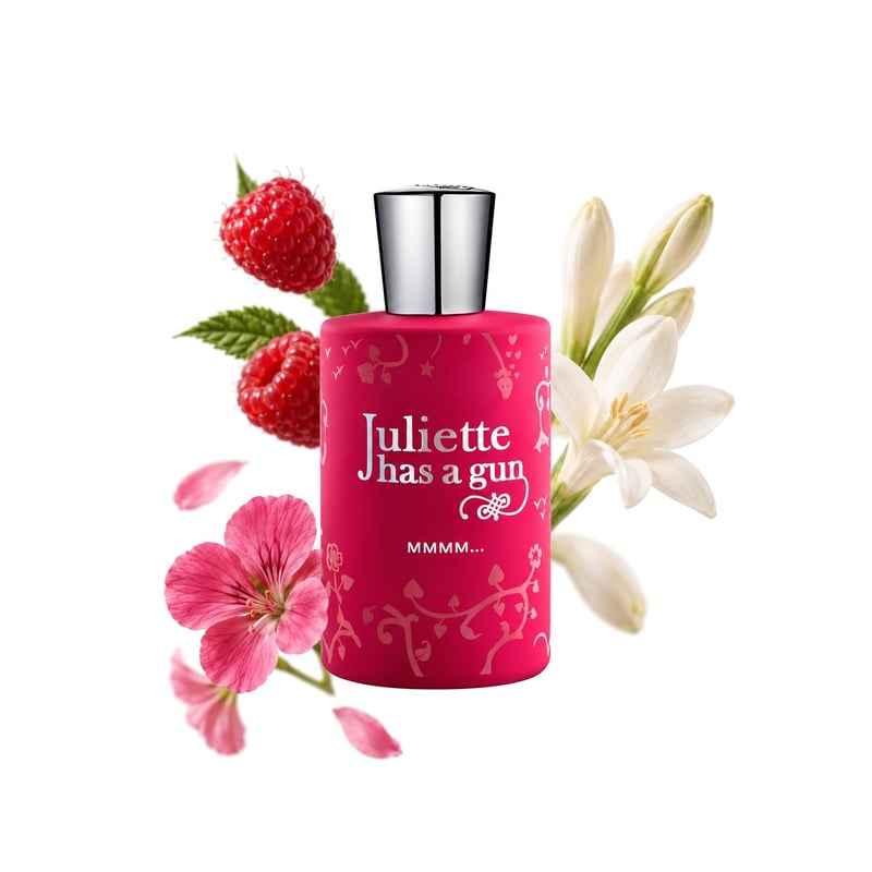 Mmmm... by Juliette Has a Gun, bottle pictured with its key notes: Raspberry, Geranium and Tuberose