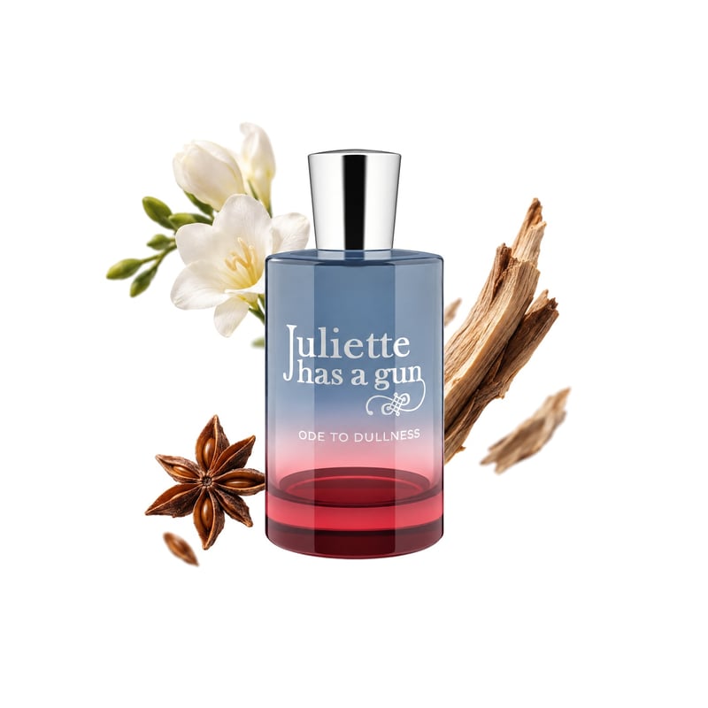 Ode to Dullness by Juliette Has a Gun, bottle pictured with its key notes: Star Anise, Freesia and Cashmere Wood