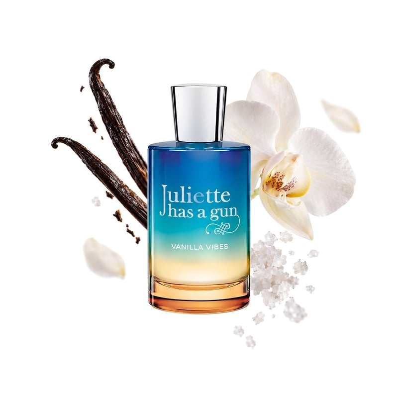 Vanilla Vibes by Juliette Has a Gun, bottle pictured with its key notes: Salt, Vanilla Absolute and Orchid