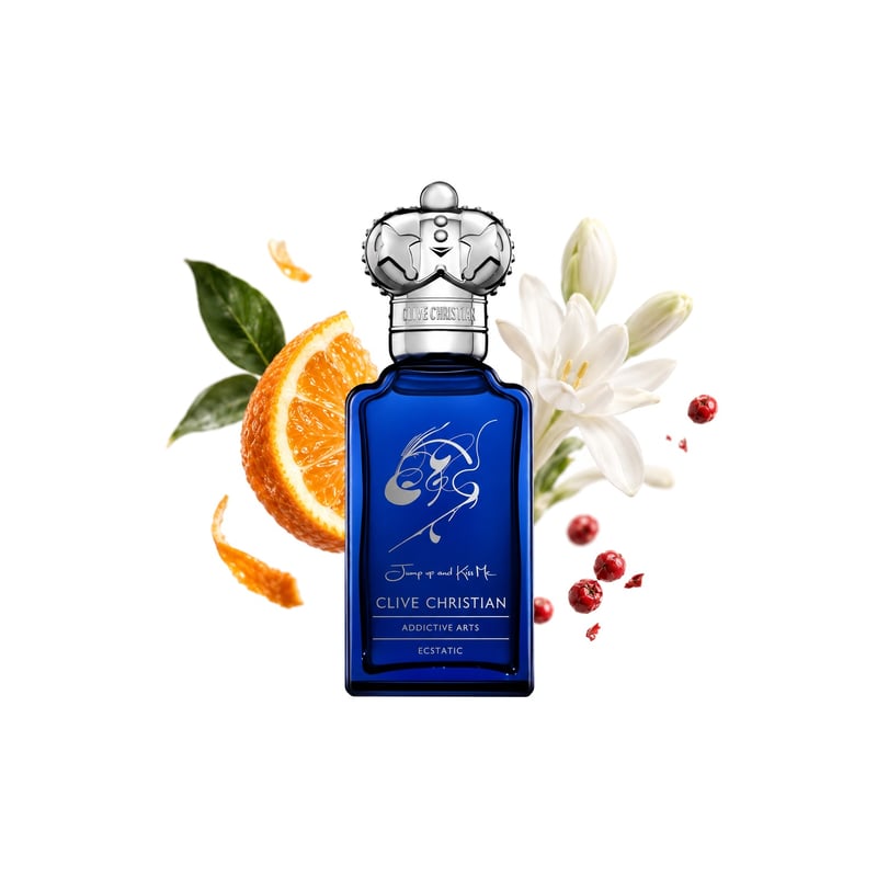 Jump Up And Kiss Me Ecstatic by Clive Christian, bottle pictured with its key notes: Bitter Orange, Pink Pepper and Tuberose