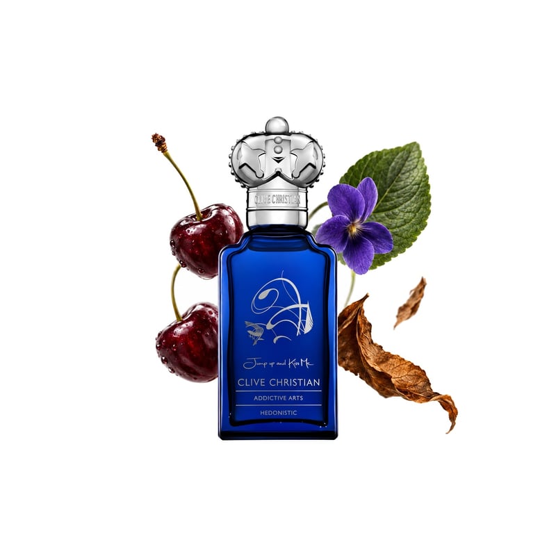 Jump Up And Kiss Me Hedonistic by Clive Christian, bottle pictured with its key notes: Black Cherry, Violet Leaf and Tobacco