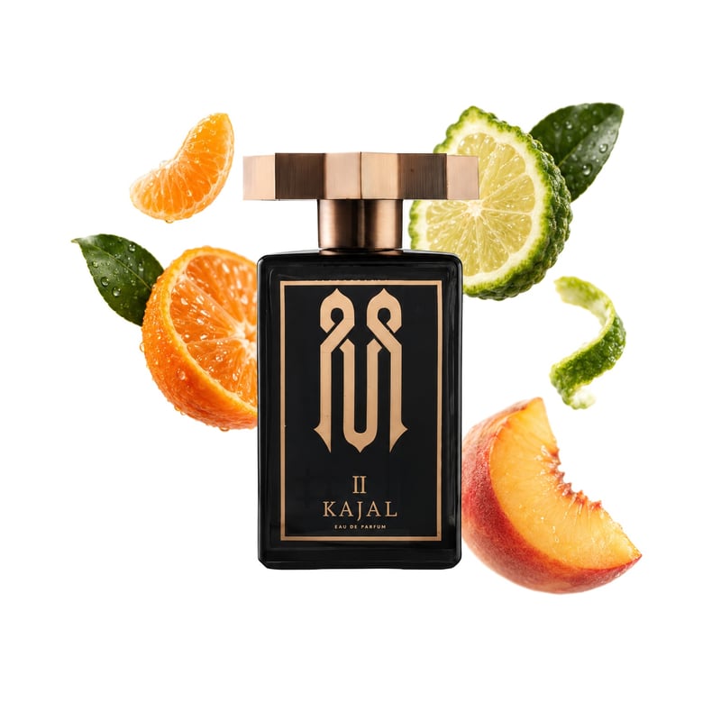 Kajal Homme II by Kajal, bottle pictured with its key notes: Mandarin Orange, Bergamot and Peach