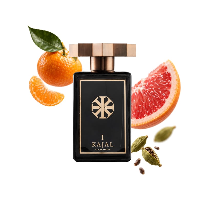 Kajal Kajal Homme, az üveg és fő illatjegyei: Mandarin, Rózsaszín grapefruit és Kardamom