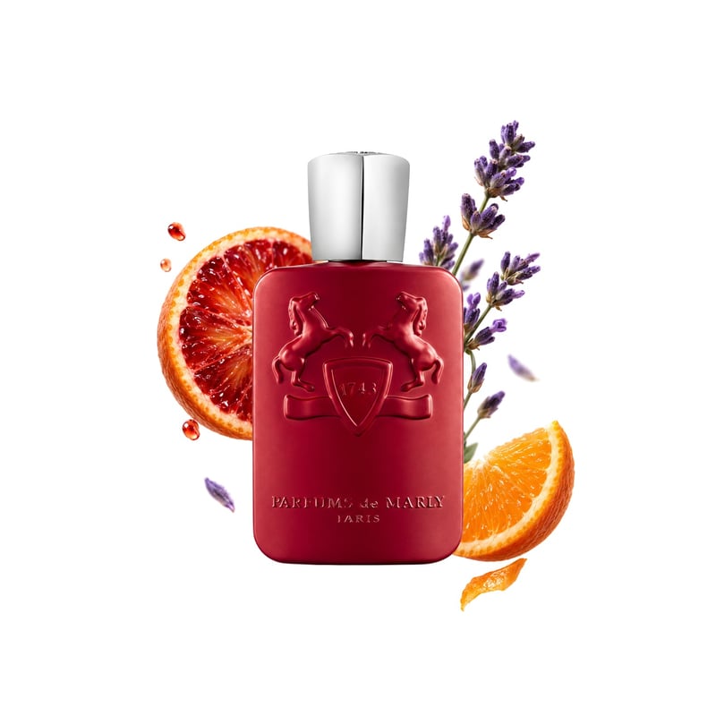 Kalan by Parfums de Marly, bottle pictured with its key notes: Orange, Blood Orange and Lavender