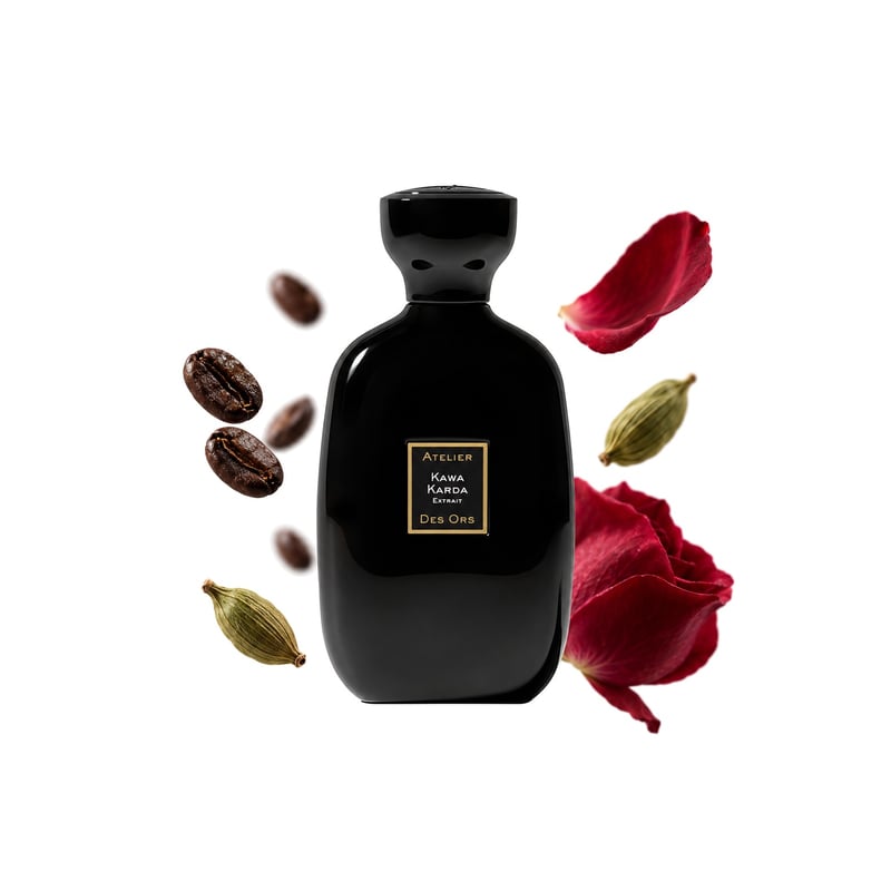 Kawa Karda by Atelier des Ors, bottle pictured with its key notes: Coffee, Cardamom and Rose