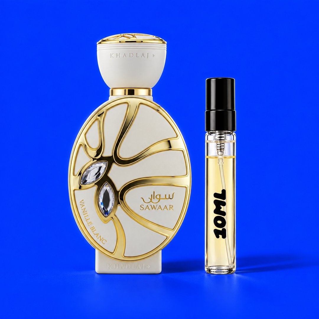 10 ml decant of Sawaar Vanille Blanc by Khadlaj next to the original bottle