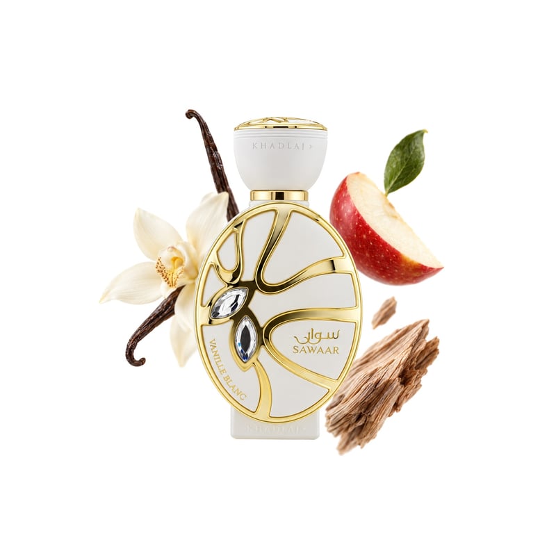 Sawaar Vanille Blanc by Khadlaj, bottle pictured with its key notes: Vanilla, Apple and Cashmere Wood