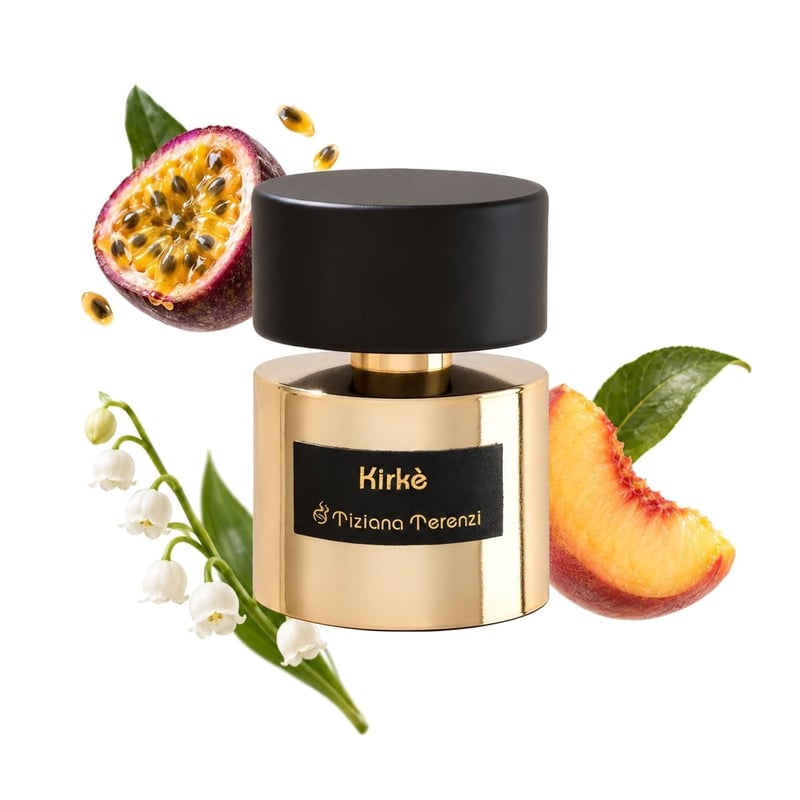 Kirke by Tiziana Terenzi, bottle pictured with its key notes: Passionfruit, Peach and Lily-of-the-valley