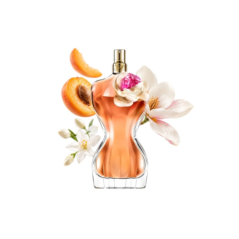 La Belle Flower Edition by Jean Paul Gaultier, bottle pictured with its key notes: Apricot, Magnolia and Jasmine