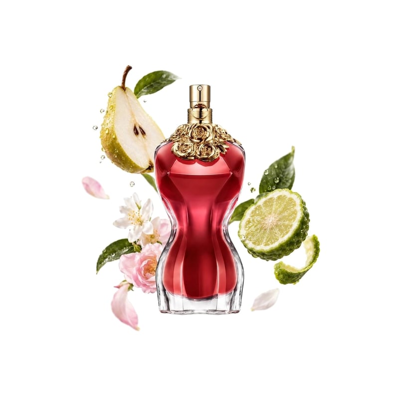 La Belle by Jean Paul Gaultier, bottle pictured with its key notes: Pear, Bergamot and Floral Notes