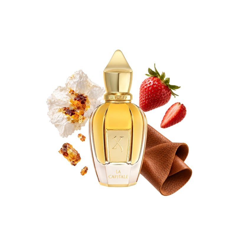 La Capitale by Xerjoff, bottle pictured with its key notes: Labdanum, Strawberry and Leather