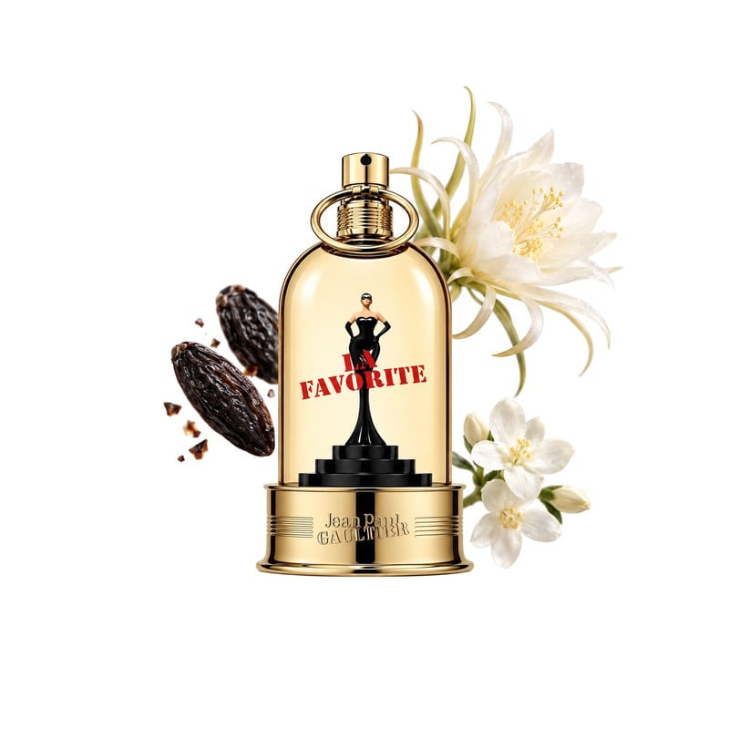 La Favorite by Jean Paul Gaultier, bottle pictured with its key notes: Tonka Bean, Queen Of The Night Flower and Jasmine Sambac