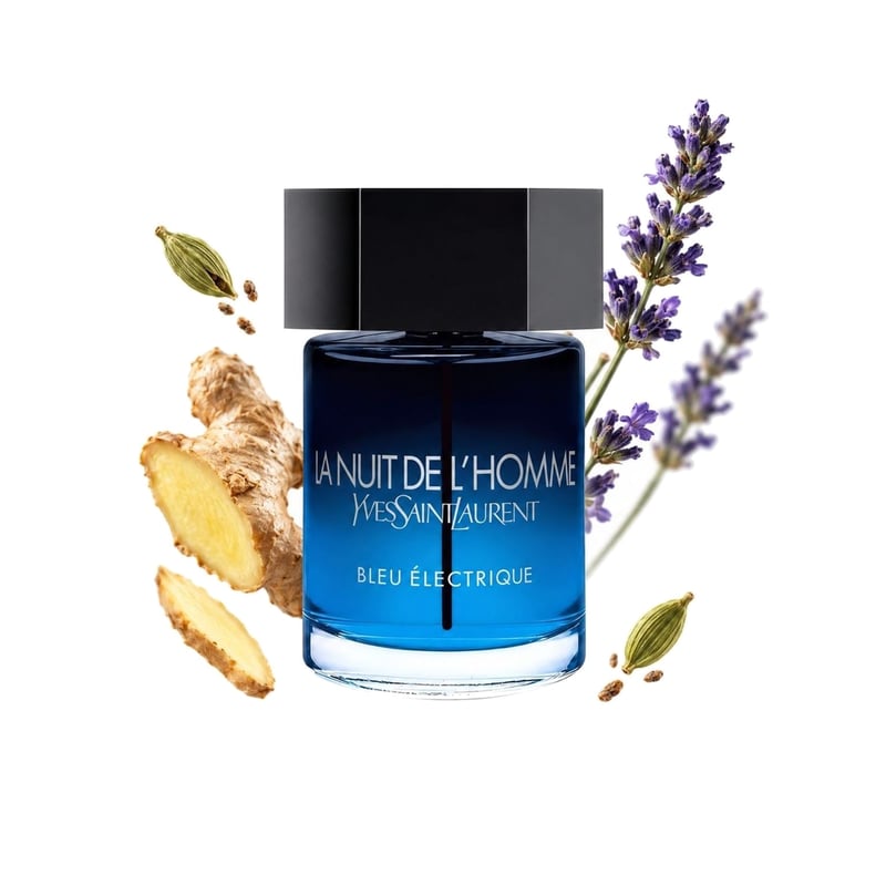 La Nuit de L'Homme Bleu Électrique by Yves Saint Laurent, bottle pictured with its key notes: Cardamom, Ginger and Lavender