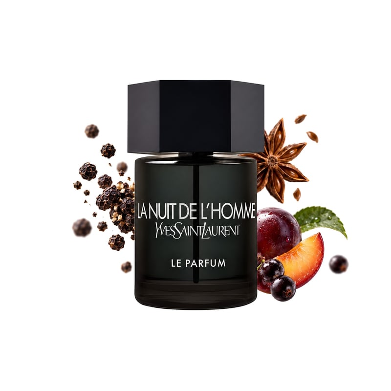 La Nuit de L'Homme Le Parfum by Yves Saint Laurent, bottle pictured with its key notes: Pepper, Anise and Fruity Notes