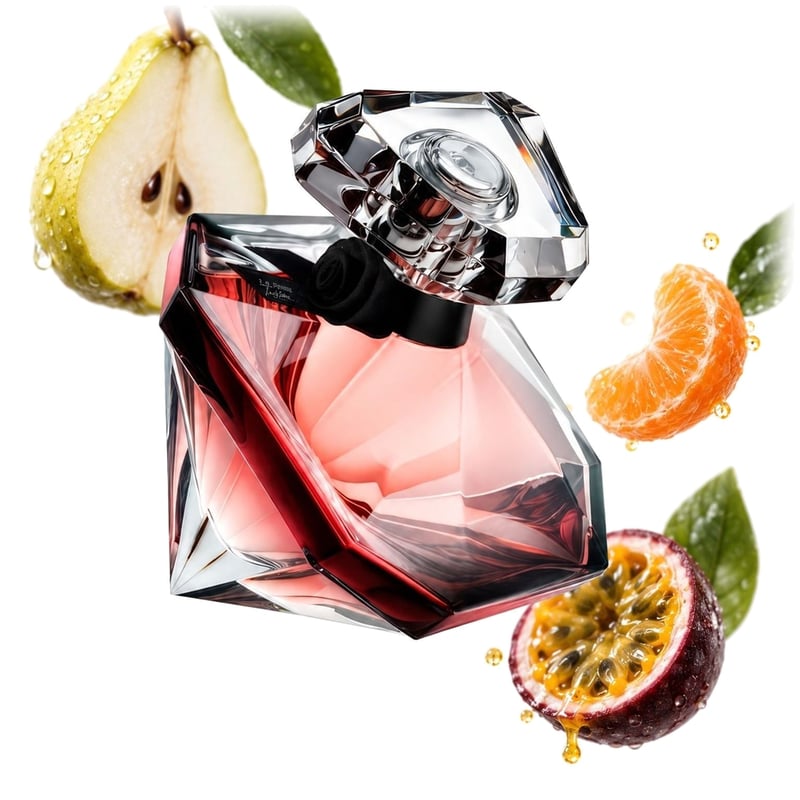 La Nuit Trésor by Lancôme, bottle pictured with its key notes: Pear, Tangerine and Passionfruit