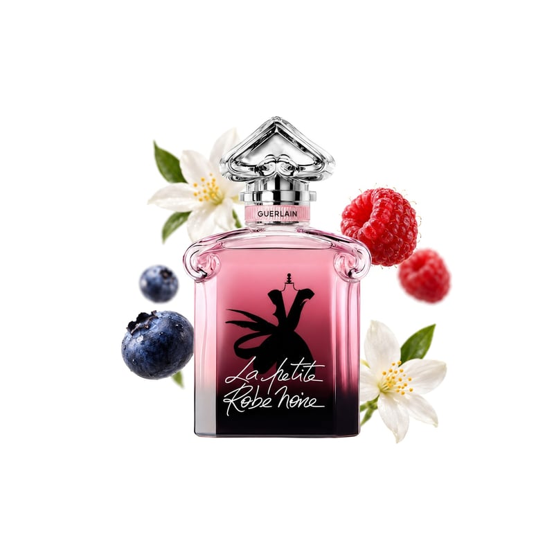 La Petite Robe Noire Eau de Parfum Intense by Guerlain, bottle pictured with its key notes: Blueberry, Raspberry and Jasmine