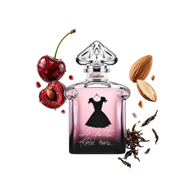 La Petite Robe Noire von Guerlain, Flakon mit seinen Hauptnoten: Sauerkirsche, Mandel und Tee