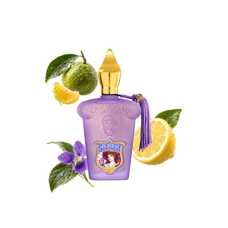 La Tosca by Xerjoff, bottle pictured with its key notes: Green Mandarin, Italian Lemon and Violet Leaf