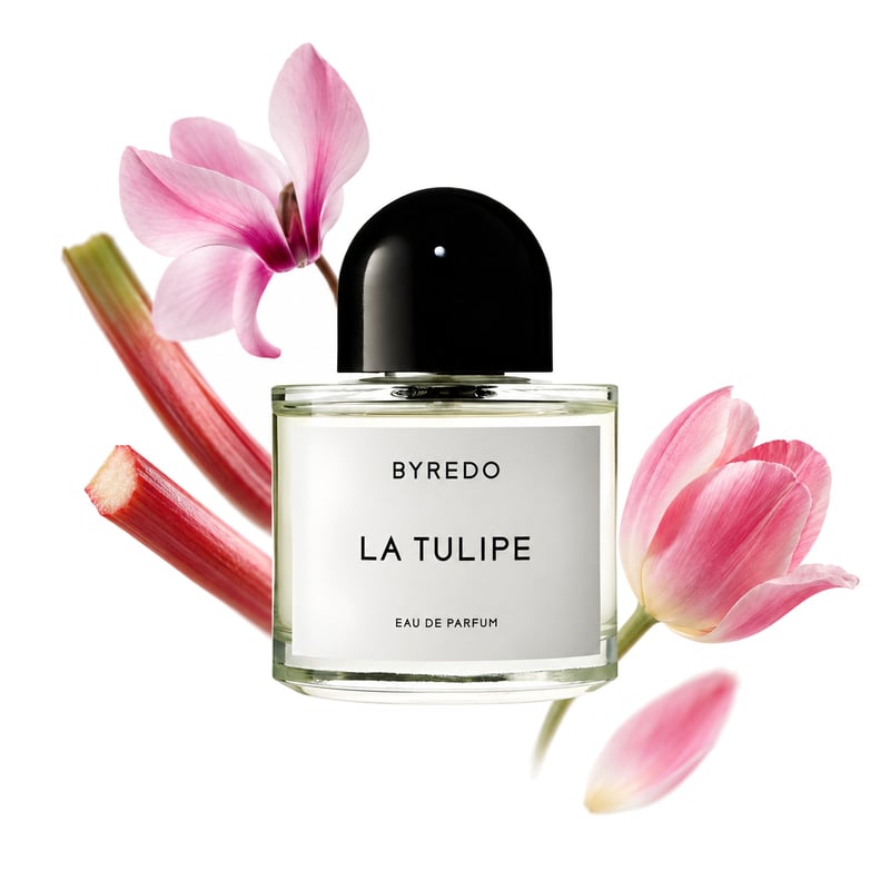 La Tulipe by Byredo, bottle pictured with its key notes: Rhubarb, Cyclamen and Pink Tulip