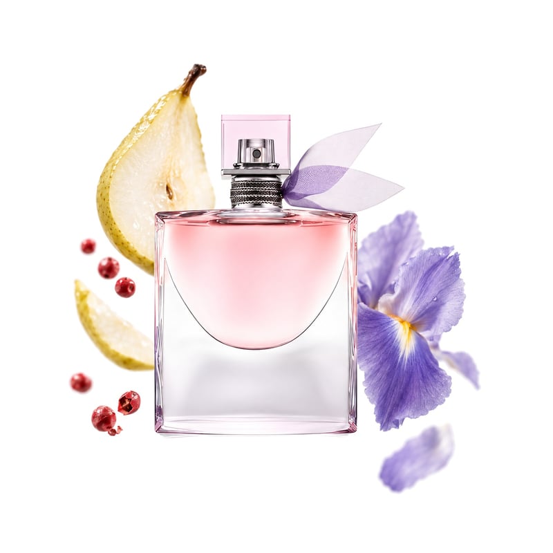 La Vie Est Belle L'Eau de Parfum Intense by Lancôme, bottle pictured with its key notes: Pear, Pink Pepper and Iris