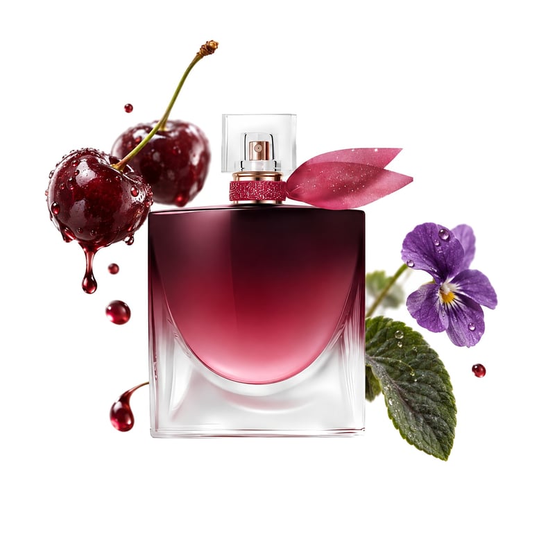 La Vie est Belle L'Elixir Very Cherry von Lancôme, Flakon mit seinen Hauptnoten: Schwarzkirsche, Kirschlikör und Veilchenblatt