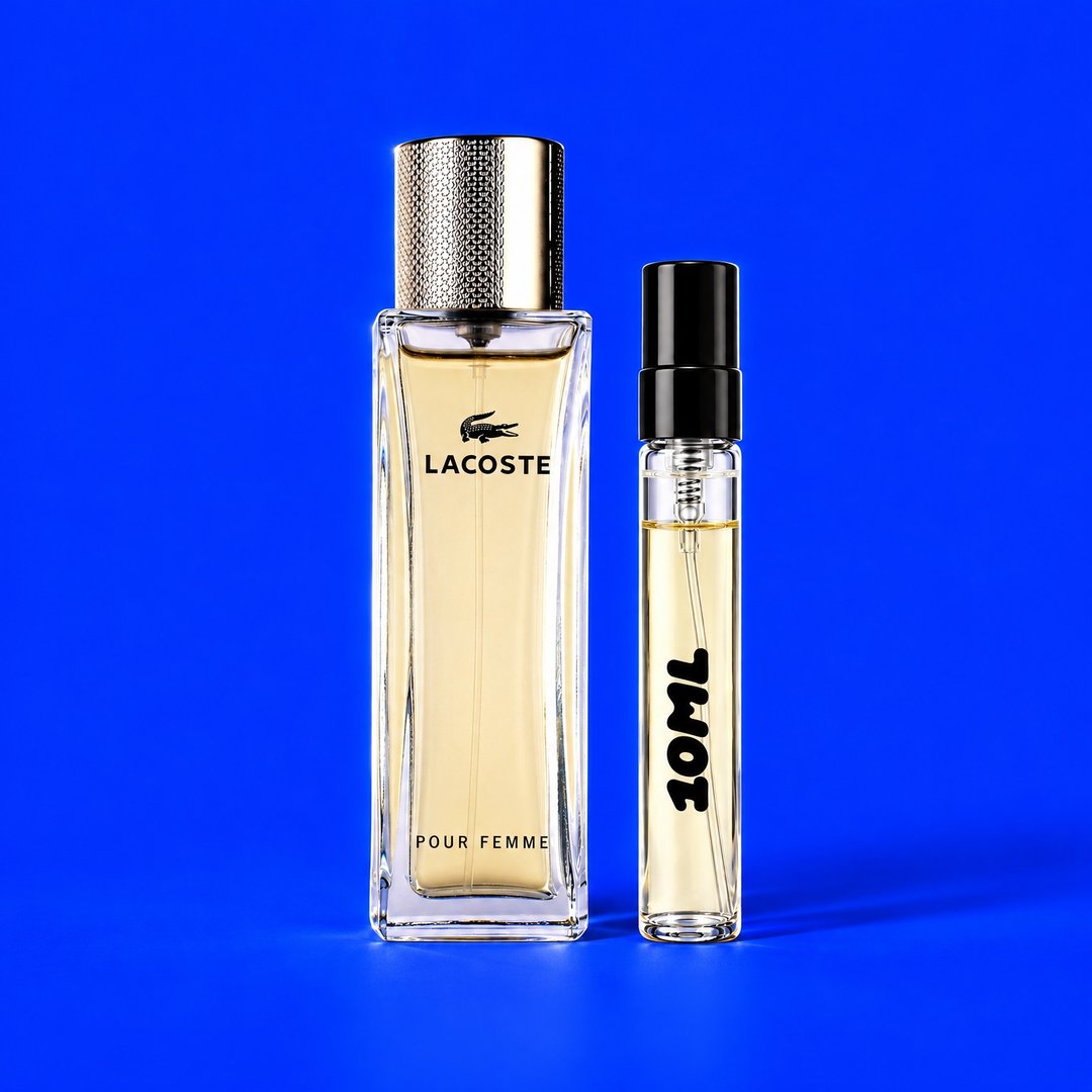 Decant van 10 ml van Lacoste Pour Femme (Lacoste) naast de originele fles