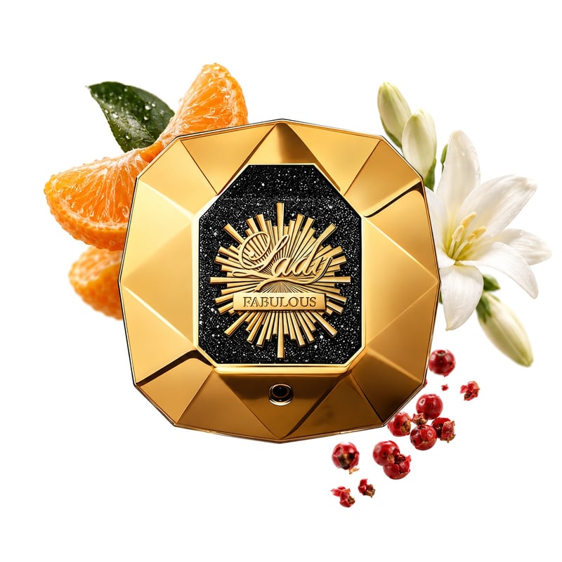 Lady Million Fabulous di Rabanne, flacone con le sue note principali: Mandarino, Pepe rosa e Tuberosa