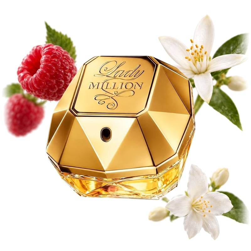 Lady Million de la Rabanne, flacon alături de notele principale: Zmeură, Neroli și Iasomie