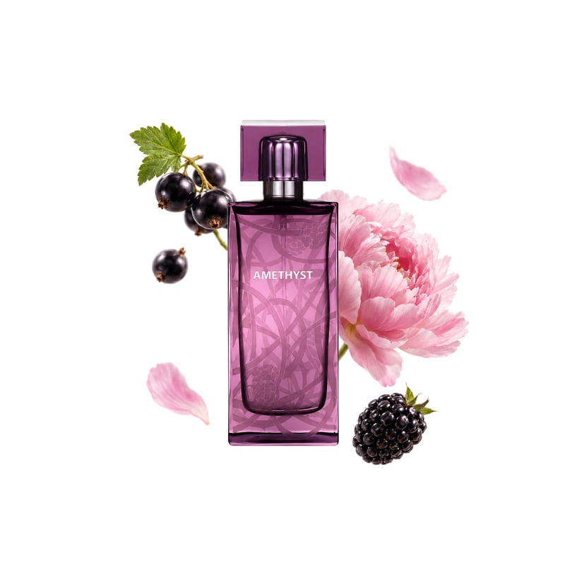 Amethyst by Lalique, bottle pictured with its key notes: Black Currant, Blackberry and Peony