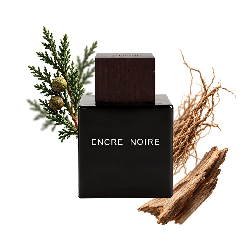 Encre Noire by Lalique, bottle pictured with its key notes: Cypress, Vetiver and Cashmere Wood