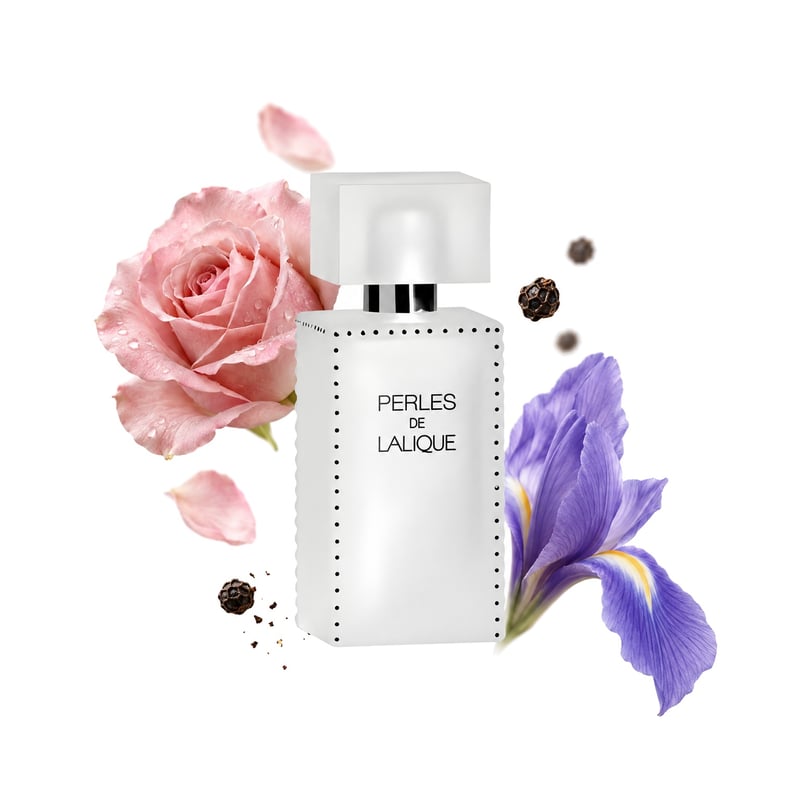 Perles de Lalique by Lalique, bottle pictured with its key notes: Rose, Pepper and Iris