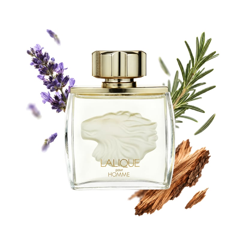 Lalique Pour Homme Lion by Lalique, bottle pictured with its key notes: Lavender, Rosemary and Cedar