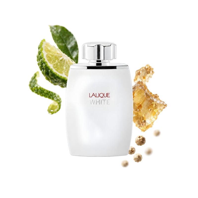 White by Lalique, bottle pictured with its key notes: Bergamot, Elemi and White Pepper