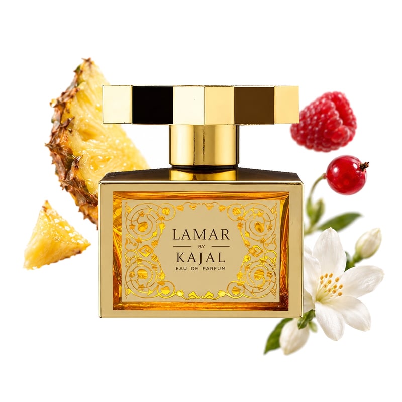 Lamar by Kajal, bottle pictured with its key notes: Pineapple, Red Berries and Jasmine Sambac