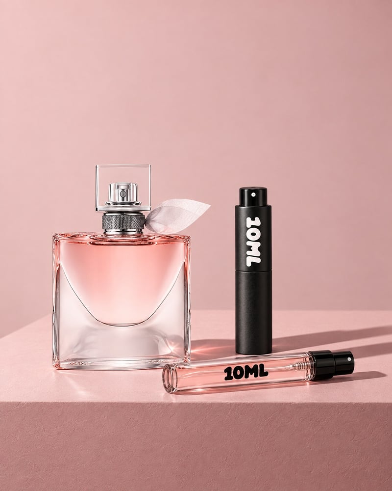 Lancôme La Vie Est Belle with a 10ML travel atomiser and a 10ML refill vial on a pink plinth