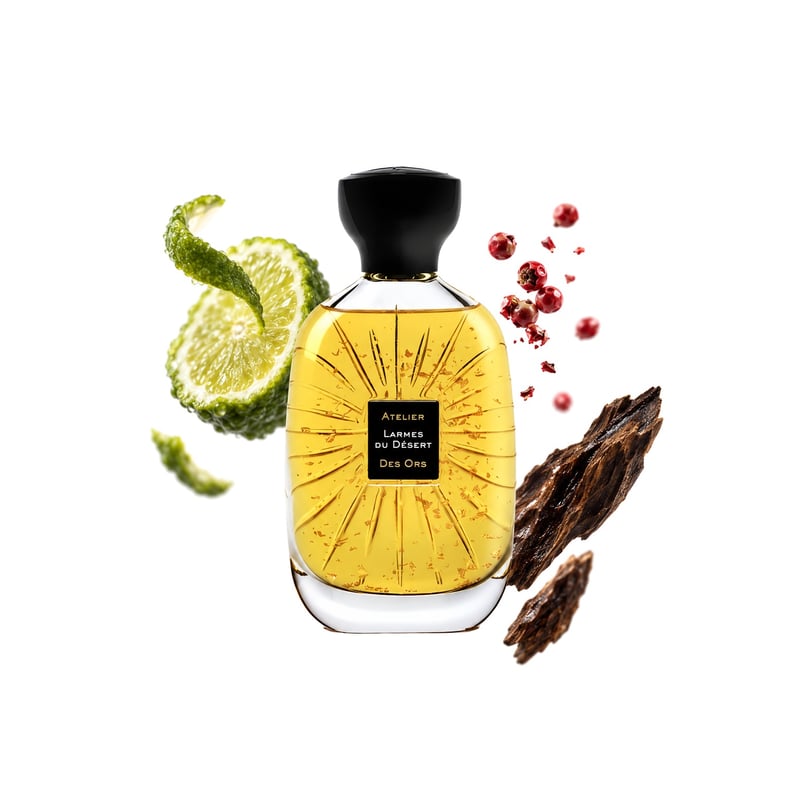Larmes du Desert by Atelier des Ors, bottle pictured with its key notes: Bergamot, Pink Pepper and Oud