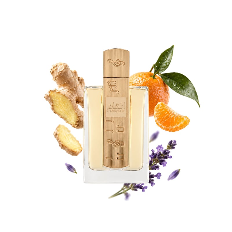 Angham by Lattafa, bottle pictured with its key notes: Ginger, Mandarin and Lavender
