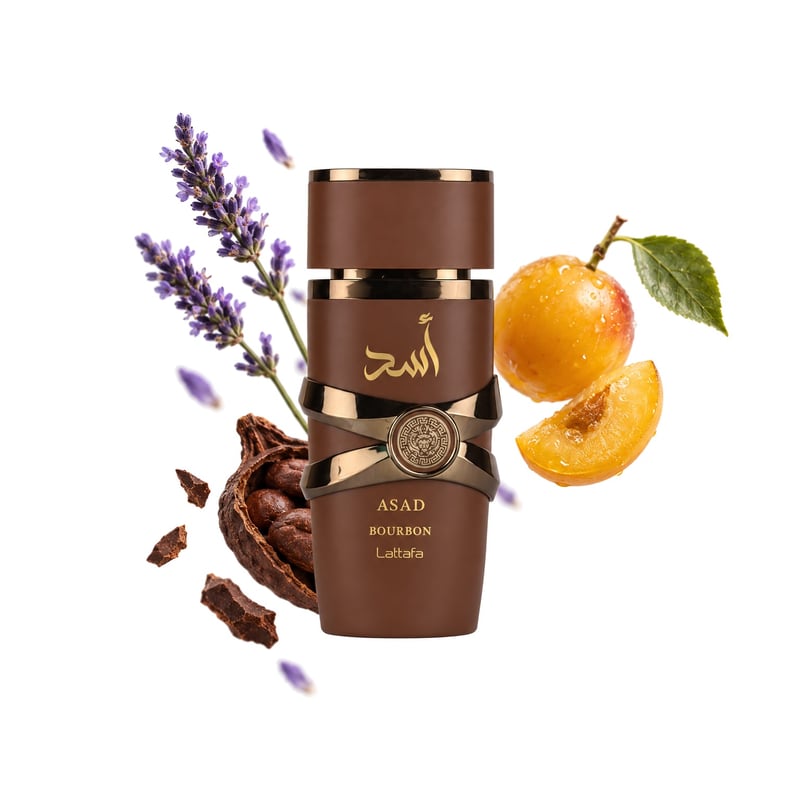 Asad Bourbon fra Lattafa, flaske afbildet med sine vigtigste duftnoter: Lavendel, Mirabelle og Kakao