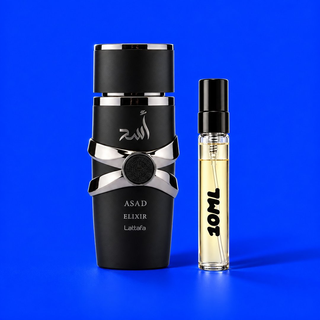 Decant van 10 ml van Asad Elixir (Lattafa) naast de originele fles