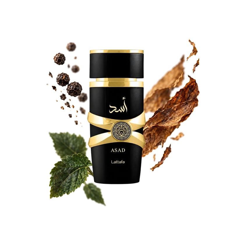 Asad by Lattafa, bottle pictured with its key notes: Black Pepper, Tobacco and Patchouli