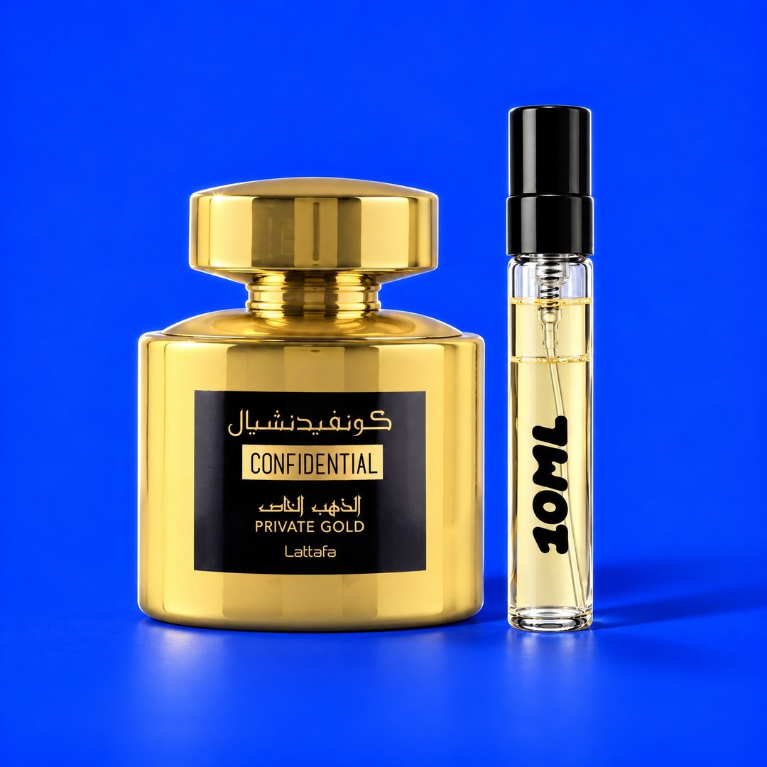 10 ml decant of Confidential Private Gold by Lattafa next to the original bottle