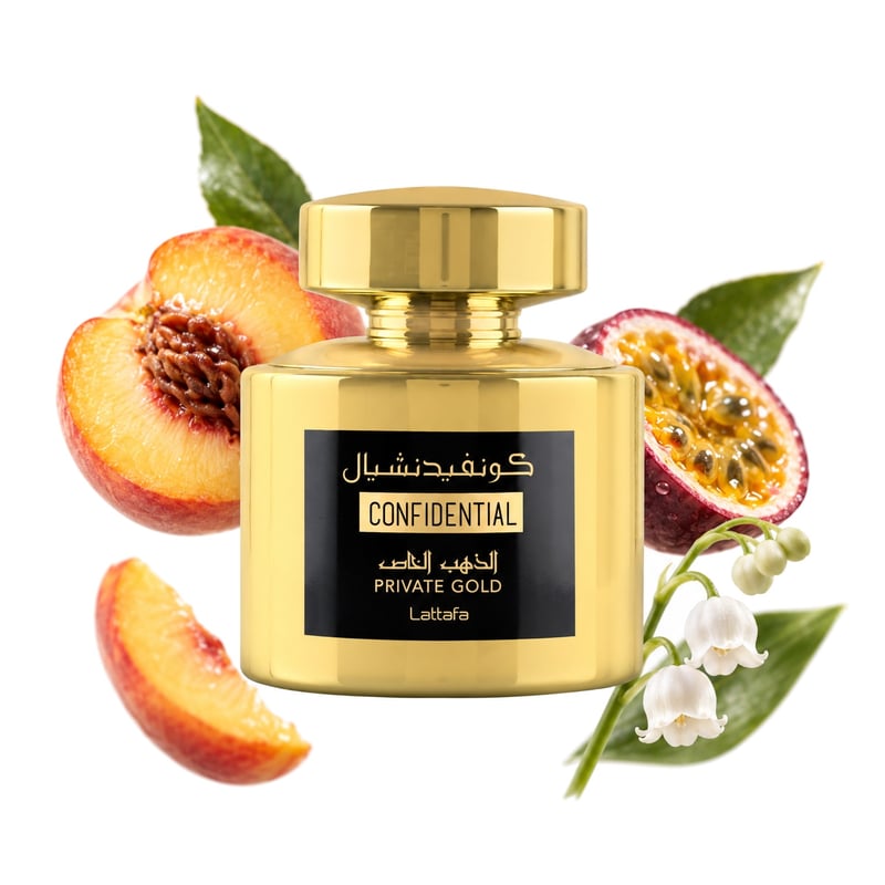 Confidential Private Gold by Lattafa, bottle pictured with its key notes: Peach, Passionfruit and Lily Of The Valley