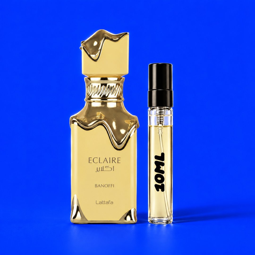 10 ml decant of Eclaire Banoffi by Lattafa next to the original bottle